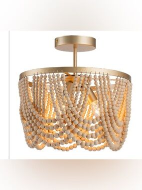 Bungalow Rose Natural Wood Beaded Flush Mount Light - White Beads